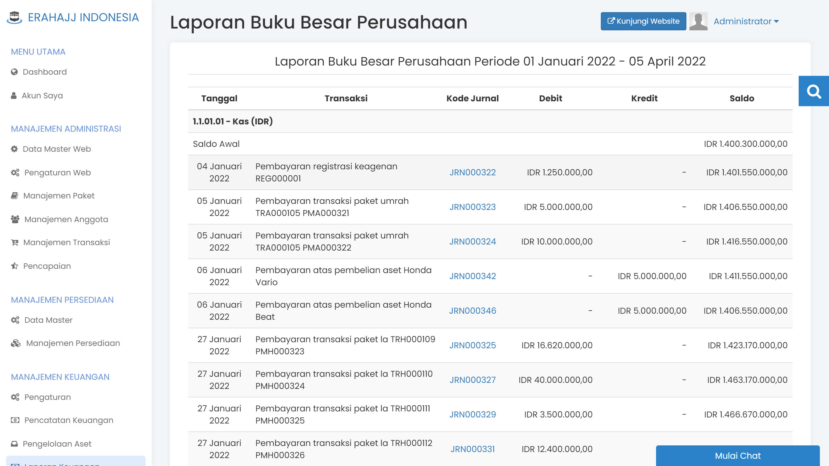 Layar jurnal dan buku besar perusahaan di TravelSys