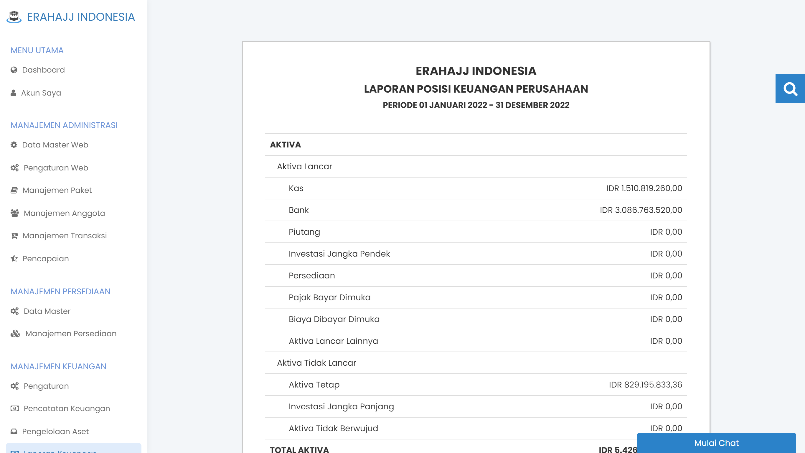 Layar laporan posisi keuangan (neraca) perusahaan di TravelSys