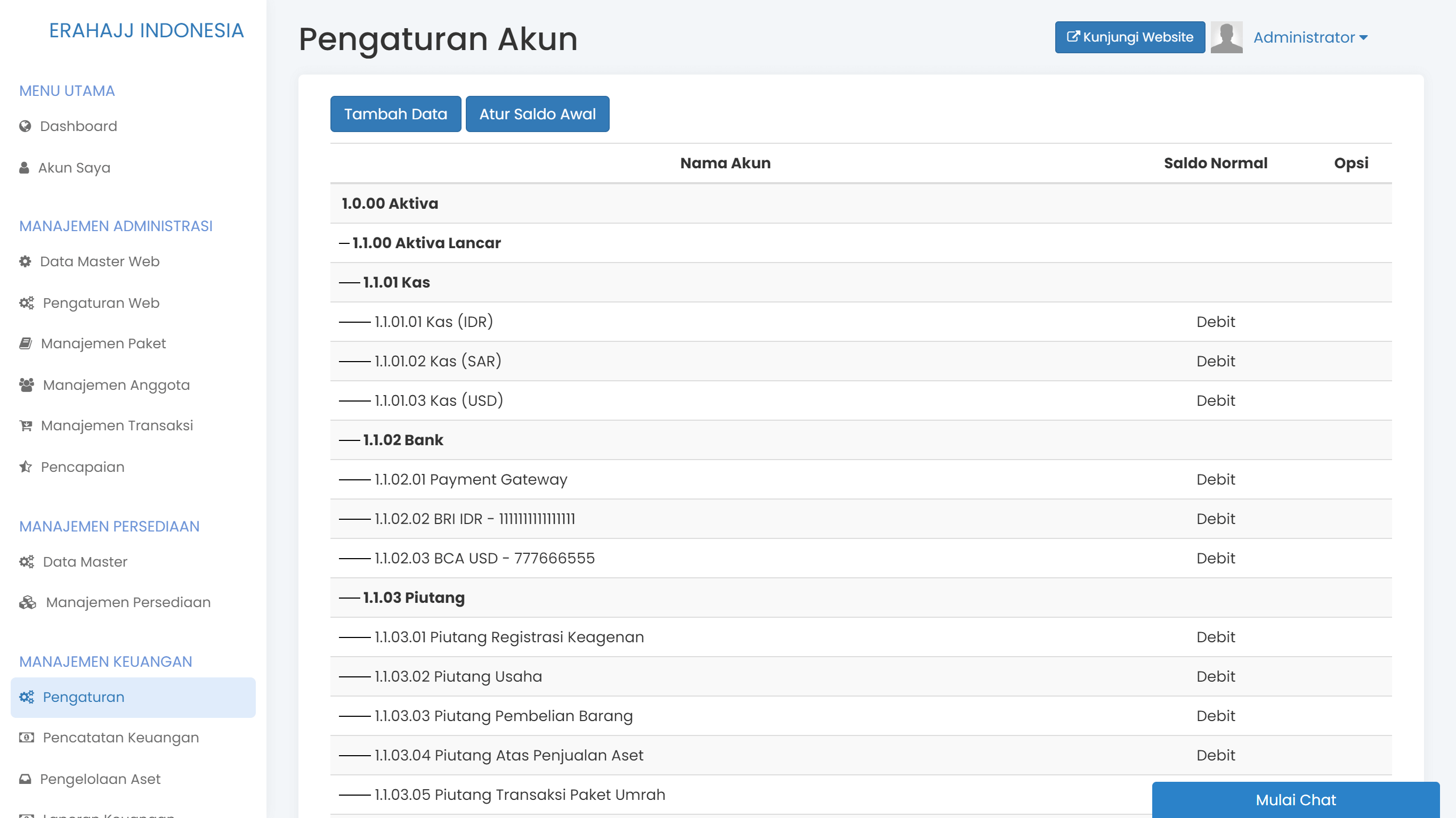 Layar pengaturan akun keuangan di TravelSys
