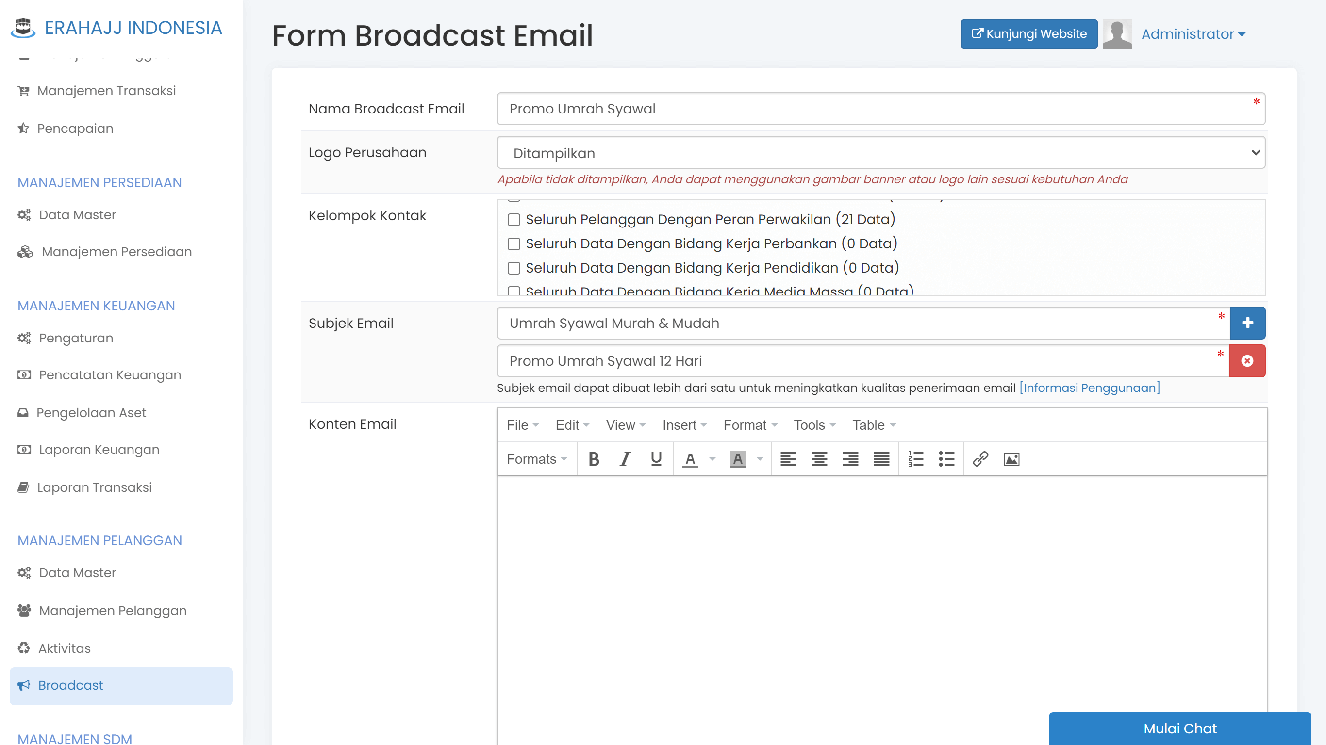 Layar broadcast email dan SMS di CRM TravelSys