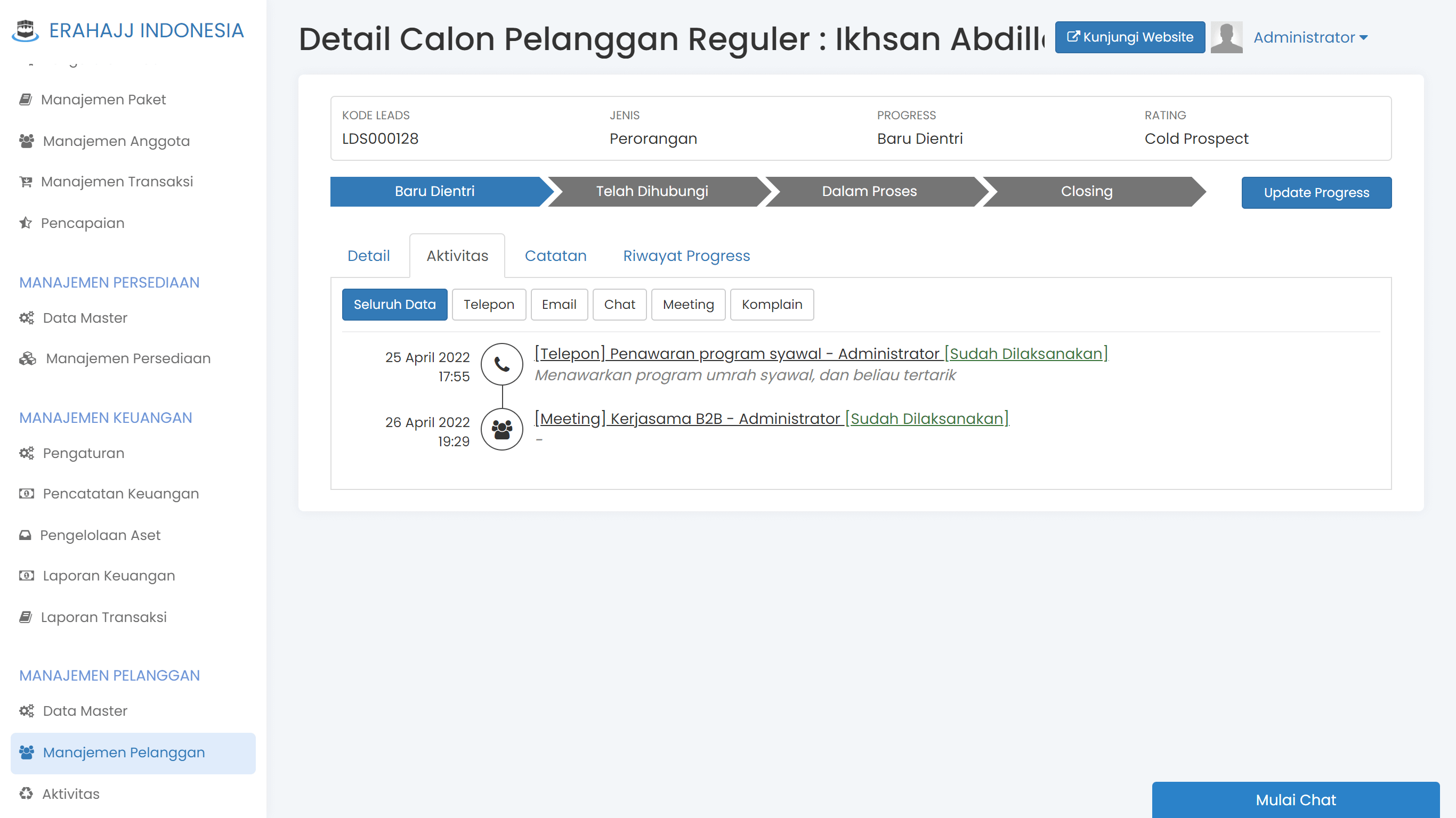 Layar riwayat follow up calon jamaah di CRM TravelSys