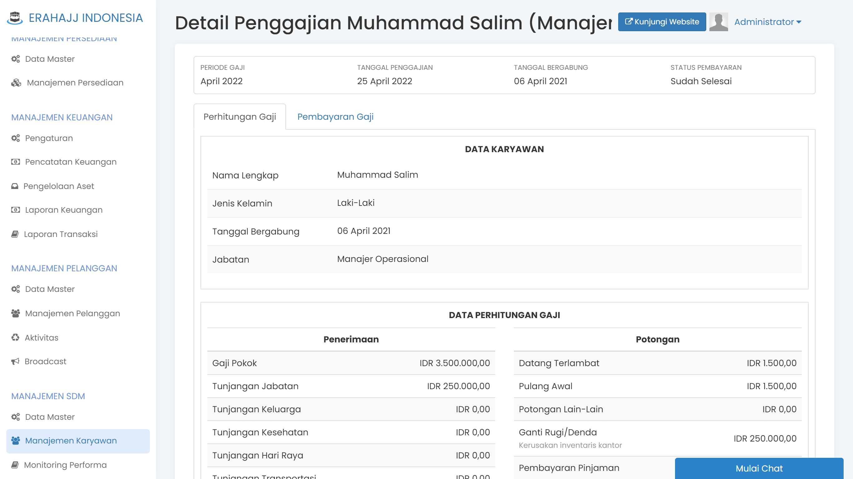Layar administrasi penggajian karyawan di HRIS TravelSys