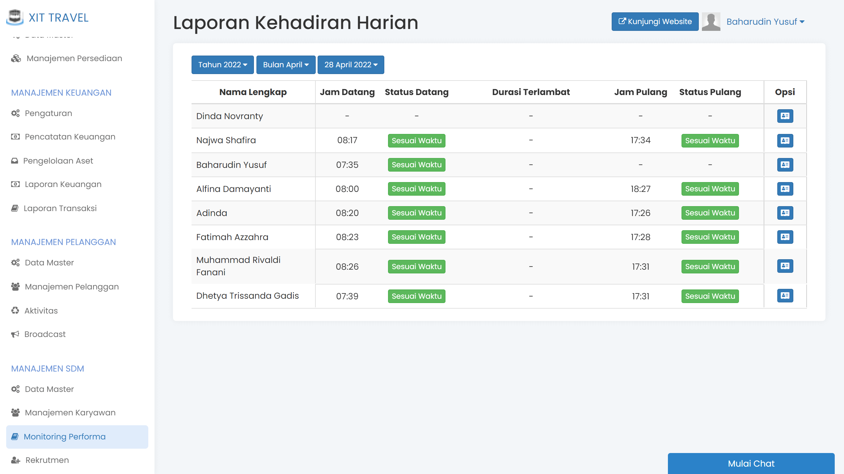 Layar presensi online karyawan di HRIS TravelSys