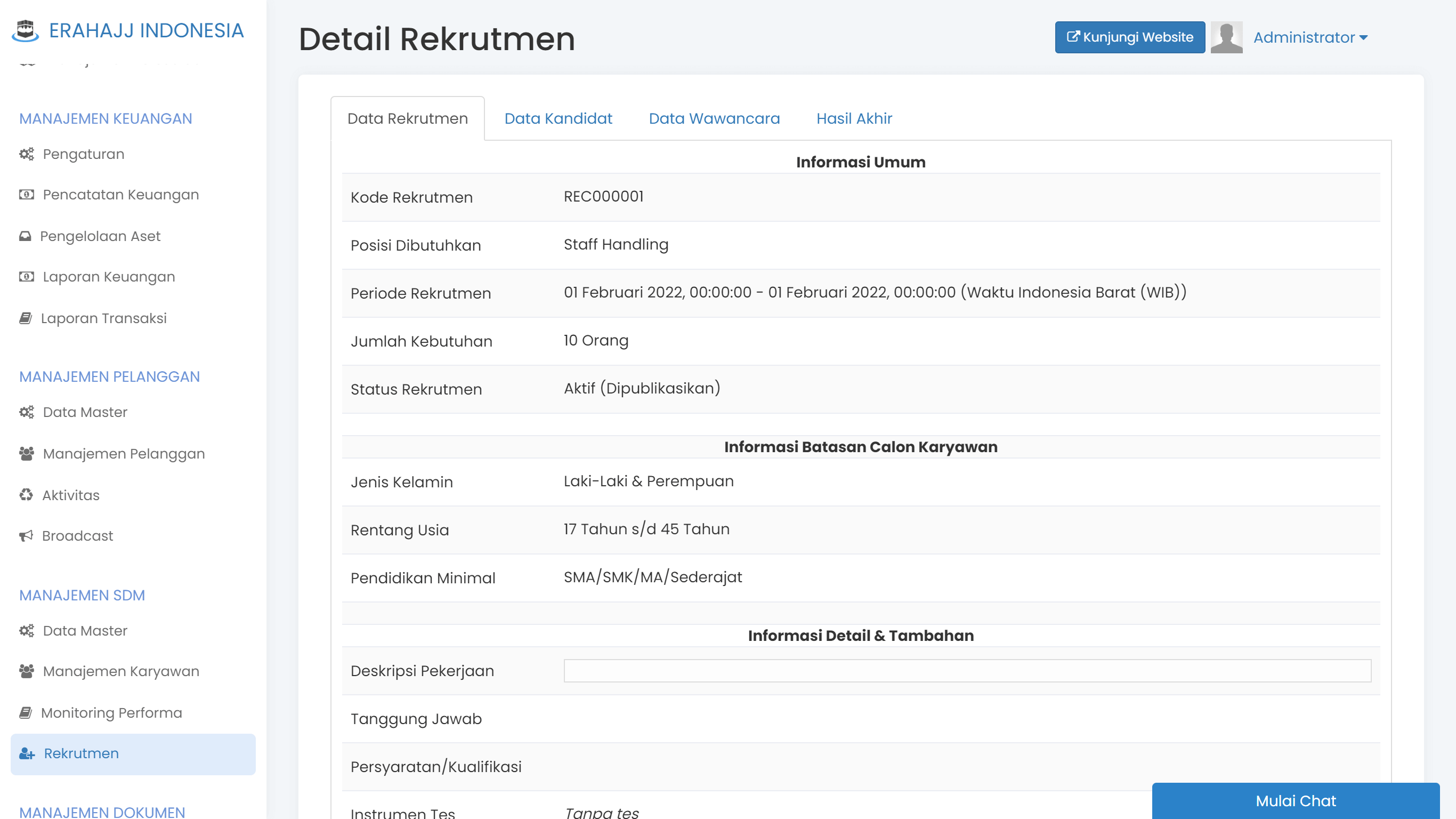 Layar rekrutmen dan psikotes online di HRIS TravelSys