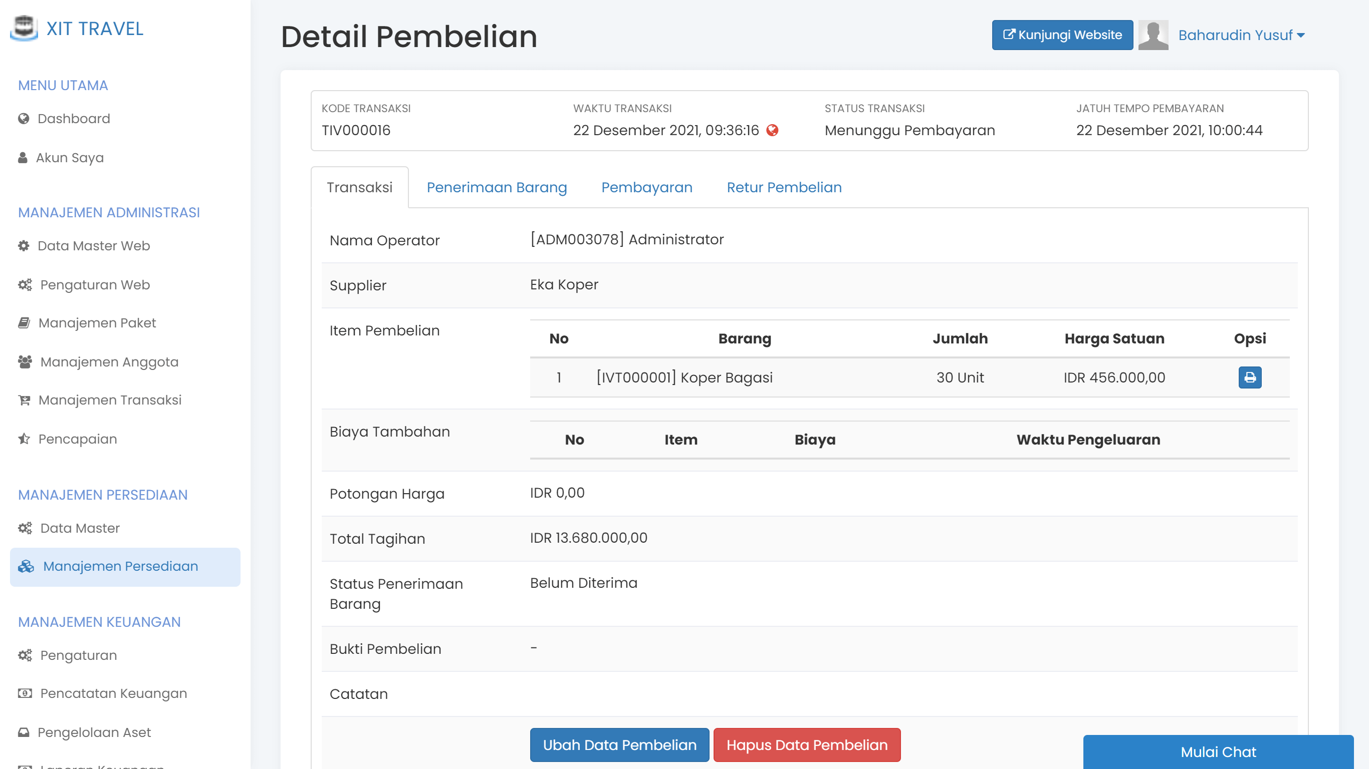 Layar pencatatan pembelian barang di TravelSys
