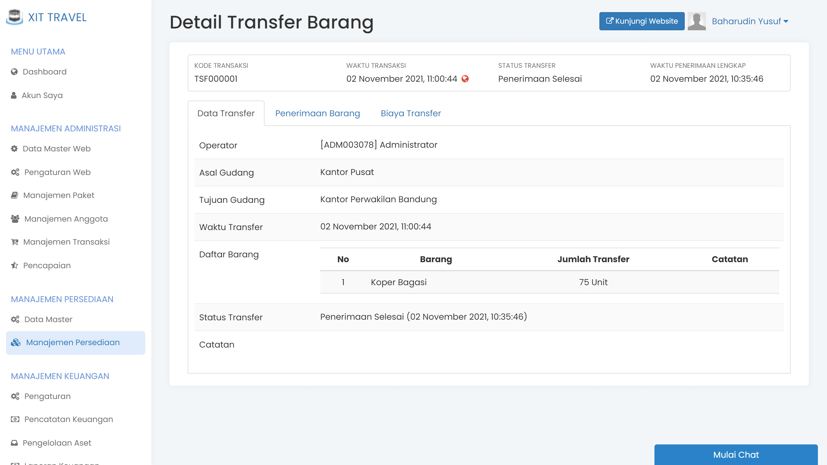 Layar pencatatan transfer barang antar gudang di TravelSys