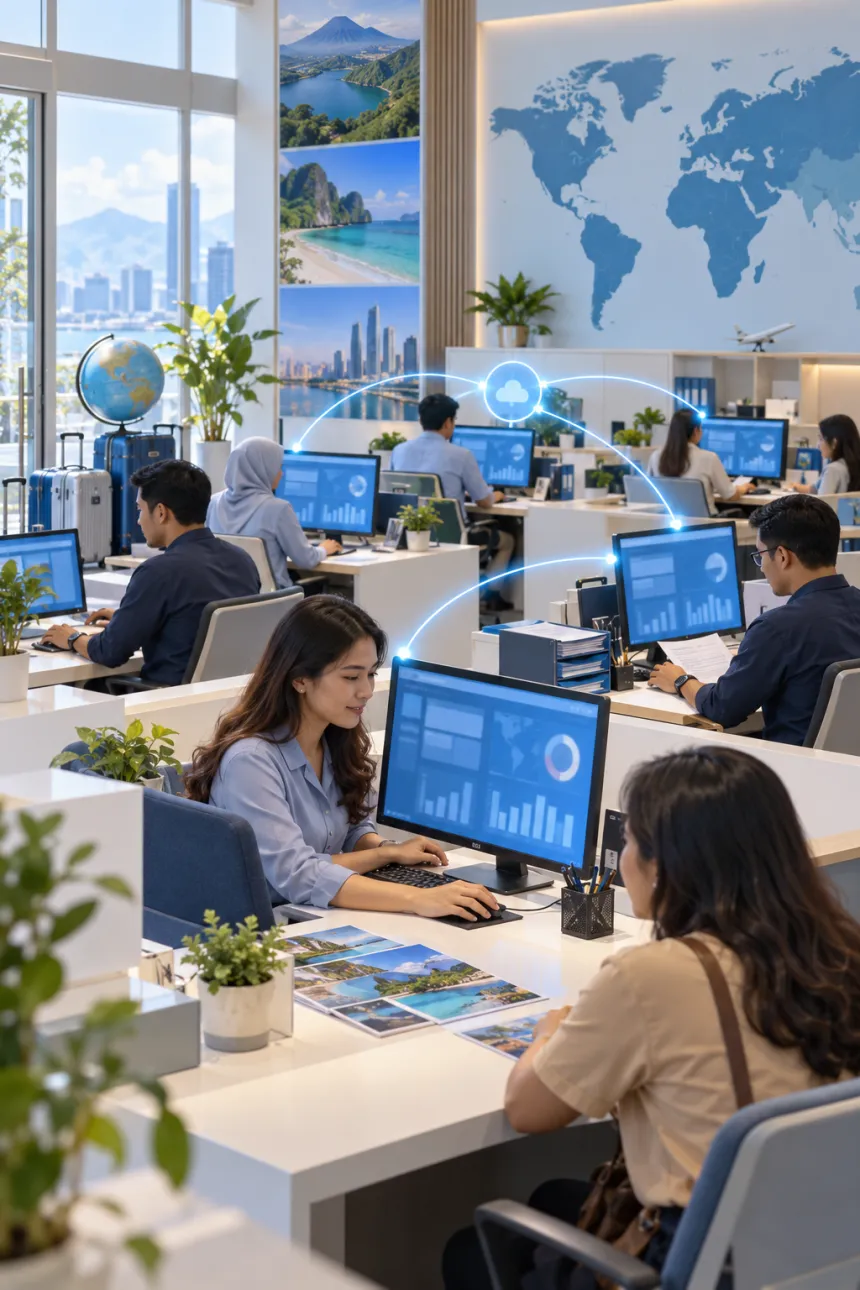 Staf kantor tour dan travel bekerja dengan dashboard yang saling terhubung antarbagian