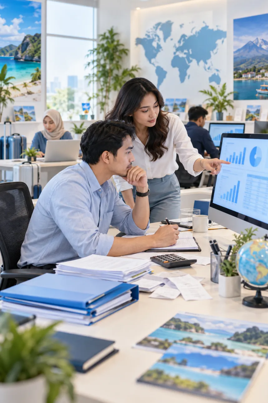 Staf keuangan travel meninjau laporan keuangan di monitor