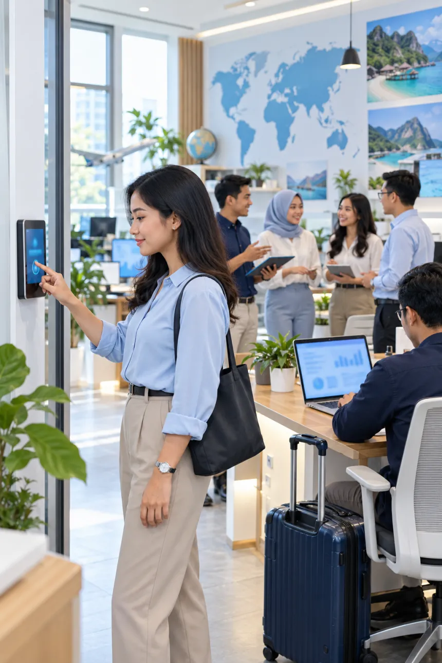 Karyawan travel melakukan presensi digital dan rapat tim