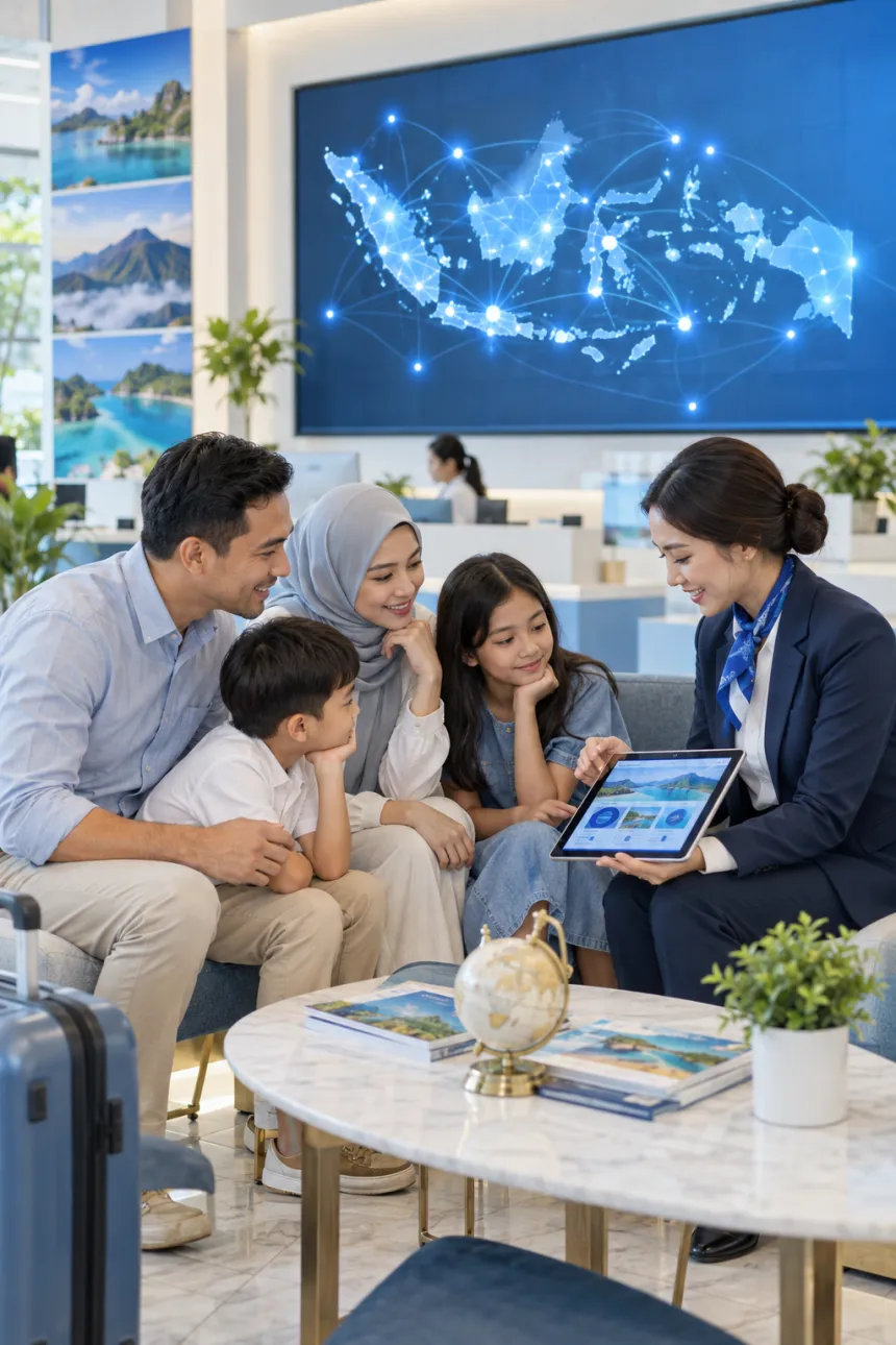 Agen travel mempresentasikan paket wisata kepada keluarga melalui tablet